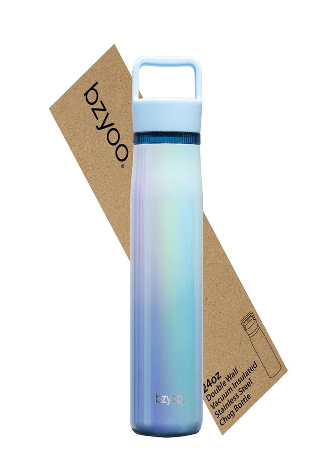 bzyoo 24oz Insulated Water Bottle with Clear Chug Lid - 100% Leakproof Stainless Steel Bottle, Aurora Iridescent Blue, BPA-Free Double Wall Vacuum Flask for Hot & Cold Drinks, Fits Car Cup Holders - Image 1